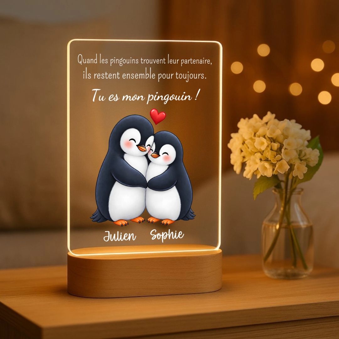 Quand les pingouins trouvent leur partenaire – Veilleuse personnalisée avec socle LED en bois (14x20)